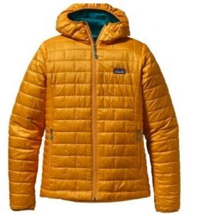 Patagonia Nano Puff Hoody women's small amber gold with teal blue lining E/VGUC